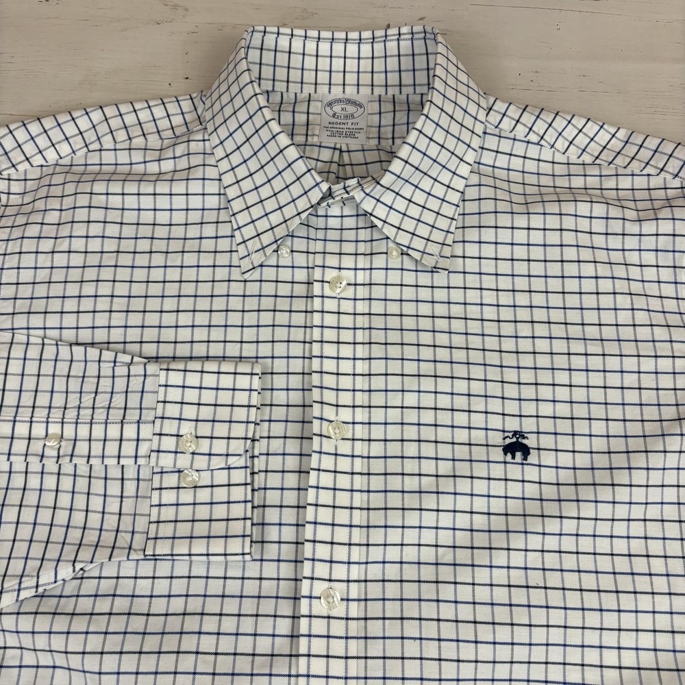 Brooks Brothers Regent Dress Shirt Non Iron Stretch Mens XL 34/35 White Check